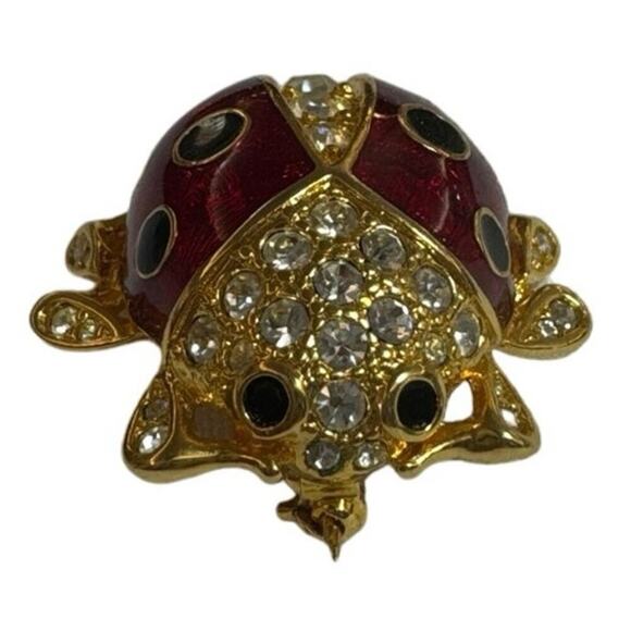 Vintage Red Ladybug Brooch Rhinestones Beetle Pin Insect - Picture 2 of 3